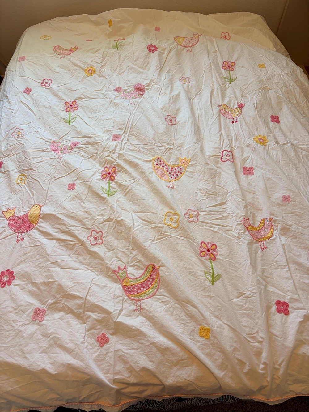Pottery Barn Kids Full/Queen White Pink Embroidered Crewel Birds Flowers Duvet